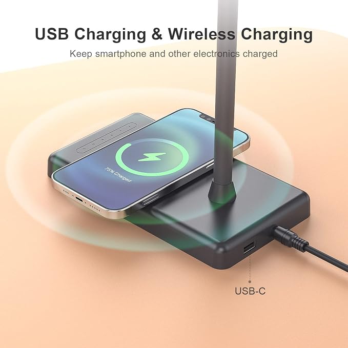 LED Desk Lamp for Office Home, Wireless Charger Desk Lamp | 12W Eye-Caring Desk Light, 600LM Reading Light for Desk, 5 Color Modes 6 Brightness Levels Lamp for Study, Workbench