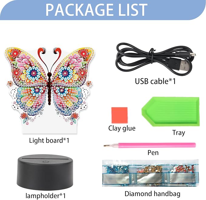 JISHSHAY Diamond Painting Night Light Diamond Art Table Lamps Gem Art LED Lights Gem Painting Desk Lamp Mosaic Kits for Adults DIY Kits for Adults Paint by Numbers Special Shaped Butterfly