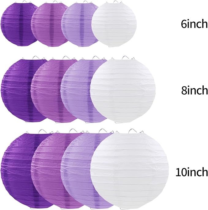 Purple Paper Lanterns Party Decorations, Hanging Round Paper Lanterns for Bachelorette Engagement Wedding Baby Bridal Purple Birthday Decorations (12 PCS)