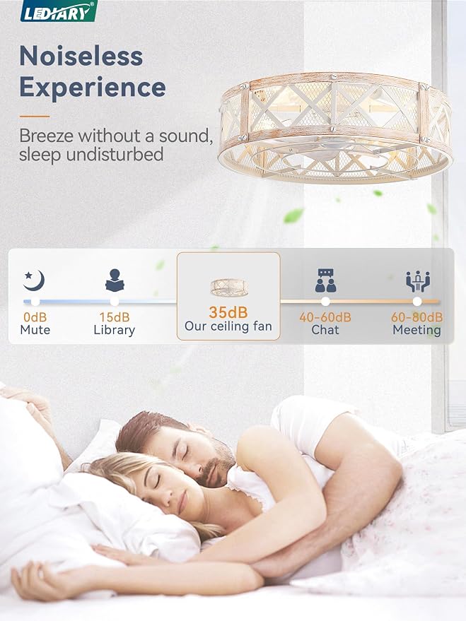 LEDIARY 20" Caged Farmhouse Ceiling Fan with Light, Flush Mount, White Gold | Remote&APP Control, Small Low Profile, Rustic Fandaliers, Industrial Bladeless Enclosed, Powerful Motor for Bedroom, Kitchen