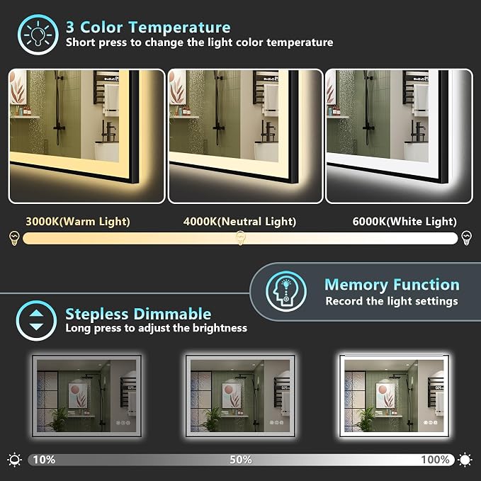 44x36 Black LED Bathroom Mirror, Backlit & Front Lit Lighted Mirror | Metal Framed Anti-Fog Vanity Mirror with Lights, 3 Color Dimmable, Memory, Tempered Glass, CRI95, IP54, Horizontal/Vertical