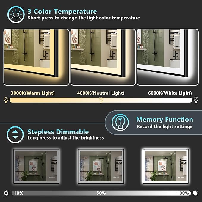 44x30 Black LED Bathroom Mirror, Backlit & Front Lit Lighted Mirror | Metal Framed Anti-Fog Vanity Mirror with Lights, 3 Color Dimmable, Memory, Tempered Glass, CRI95, IP54, Horizontal/Vertical