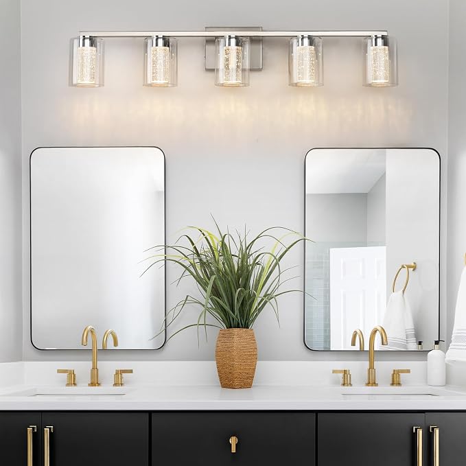 SineRise 5-Light Brushed Nickel Vanity Light with 3 Color Modes (3000K/4000K/6000K), Eye Protection LED Bathroom Light Fixture, Dimmable Modern Wall Light Over Mirror with Clear Glass Shade