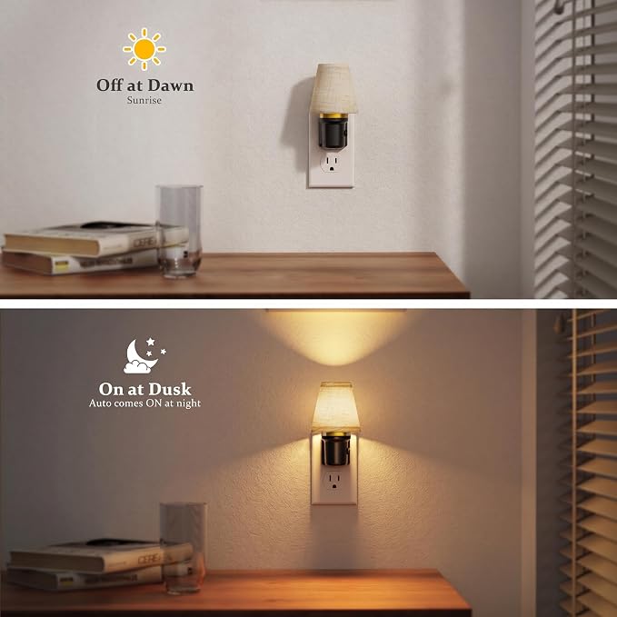 JandCase LED Night Lights Plug into Wall, Linen Fabric Round Vintage | Nightlight, Decorative Night Light with Dusk to Dawn Sensor, 0-100LM Dimmable, for Bedroom Living Room Hallway[2 Pack]