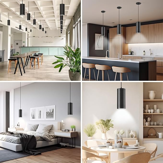 4" Pendant Lights Kitchen Island, 25W Cylinder Hanging Lights with Dipswitch, Modern Eye Care Led Pendant Lamp fixtures for Bedroom, Living Room, Office (Black, 2 Pcs)
