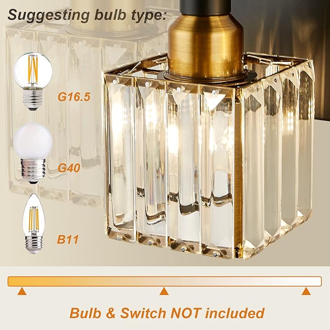 Modern Crystal Bathroom Vanity Light 2-Lights Black and Gold Bathroom Light Fixtures Over Mirror Bath Wall Sconce Lighting with Adjustment Angle