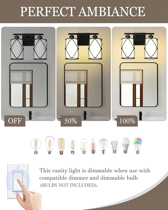2-Light Black Bathroom Light Fixtures with Milk White Frosted Glass, 13.8" Modern Bathroom Vanity Lighting Fixtures Over Mirror with Metal Cage, Wall Sconce Lights for Bath, E26, CH9176BKW-2W