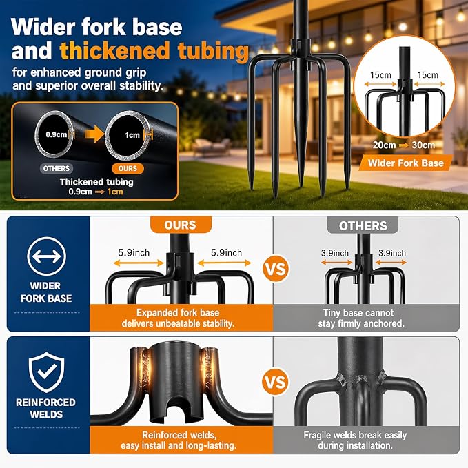 4 Pack String Light Poles for Outdoor,Metal Light Hanging Pole Outside with Fork,Light Stand for Patio, Pergola, Garden, Backyard, Yard, Camping Party (4 Pack)