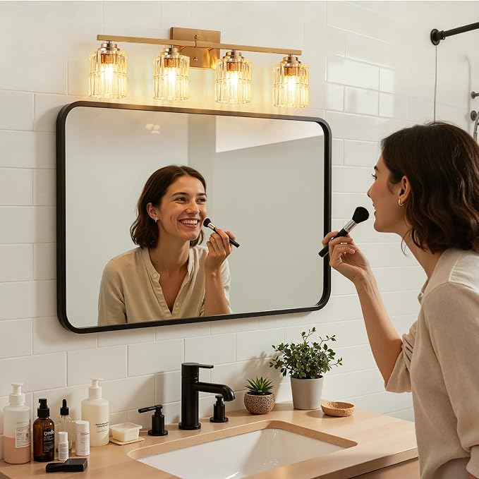 TALOYA Black 4-Light Bathroom Vanity Light with Fluted Cylinder Glass Shade | Modern Vanity Lighting Fixtures, Bathroom Lights Over Mirror, Wall Mount Mirror Light Fixtures for Bathroom Hallway Bedroom