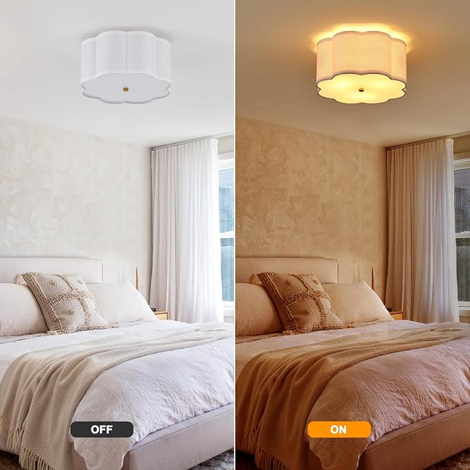 13" Gold Semi Flush Mount Ceiling Light, Linen 3-Light Fixture | White Linen Petal Shade, Modern Gold Style For Bedroom, Hallway,Dining, And Kitchen; Close-To-Ceiling, E26 Base, Easy Install
