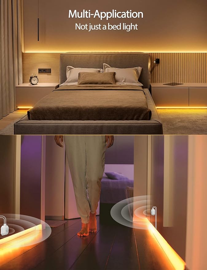 Daymeet Motion Sensor LED Strip Lights, 9.8ft Under Bed Lights Motion Activated LED Bedside Lamp Illumination with Automatic Shut Off Timer Indoor Night Light Closet Lights (Warm White) NO APP