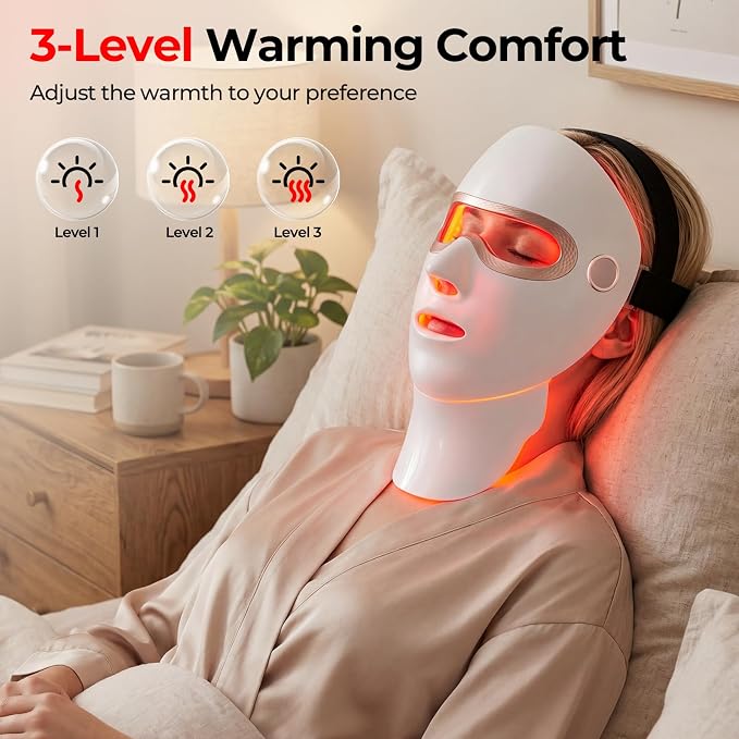 Red Light Therapy for Face and Neck, Cordless LED Face Mask | 7-Color Multi-Mode Skincare Device, Detachable Neck Panel, 3-Level Warming, Rechargeable for Home Use