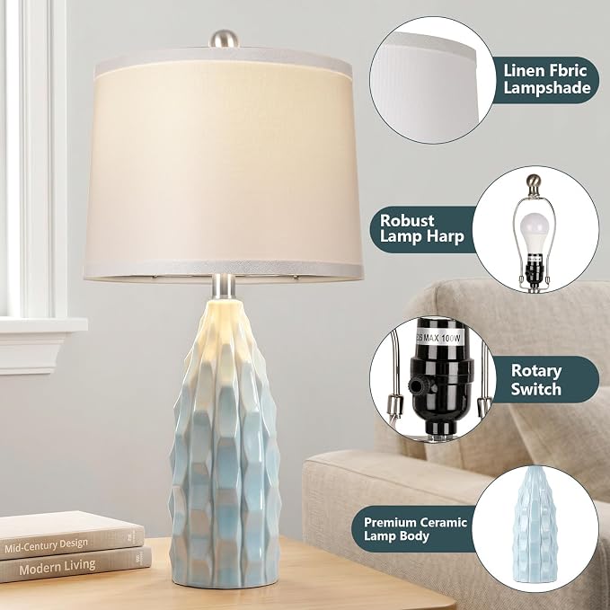 WIHTU 24" Ceramic Table Lamps Set of 2, Modern Nightstand Light, Blue | Linen Shade, 3 Color Temps, Farmhouse/Boho Style, Bedroom/Living Room/Office Decor, Ideal Gifts, 2 Bulbs Included, E26 Base