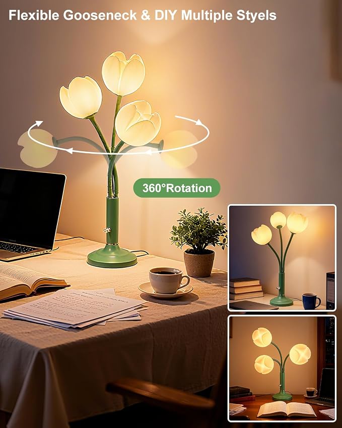 Green Flower Table Lamp Dimmable G9 Bulbs Included Gift for Nursery | Nightstand Cute Desk Lamp with Flexible Gooseneck Arms Warmwhite Ambient Bedside Lamps for Living Room Bedroom Home Decor