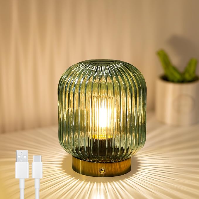 MJ PREMIER Rechargeable Table Lamp, Green Glass Lamp with Memory Function, Small Cordless LED Lamp with Dimmable Brightness, Decorative Touch Lamps for Bedroom Living Room (Green)