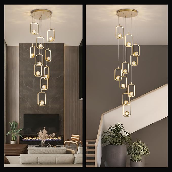 Modern Staircase Chandelier Modern LED Chandelier Gold Entryway High Ceiling Light 10 Lights Gold Crystal Light Fixture for Staircase Foyer Entryway Living Room