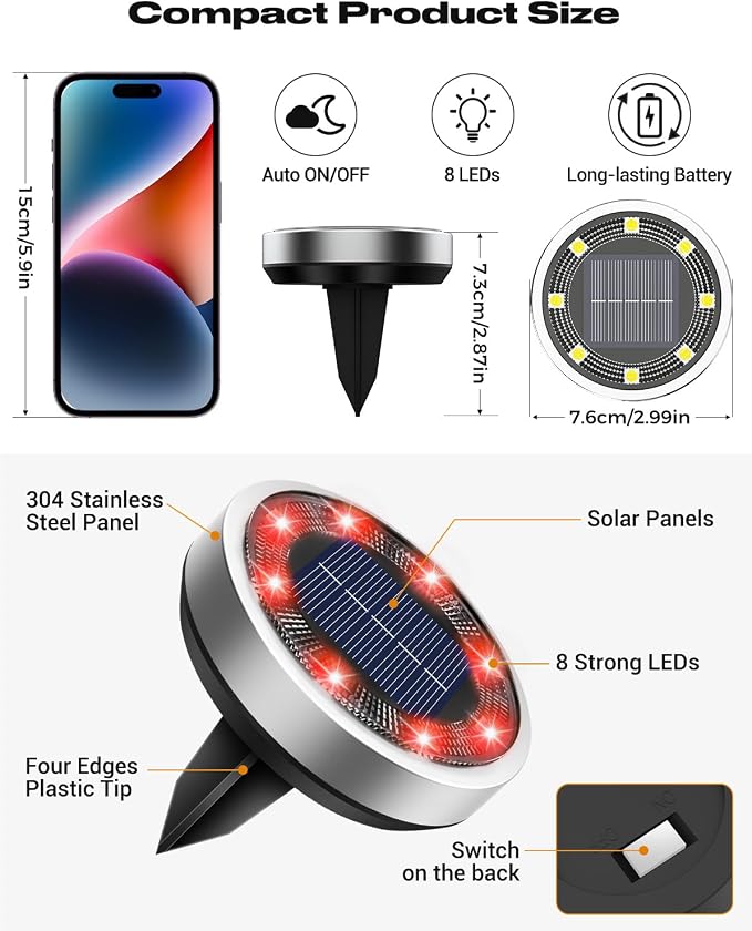 btfarm 16 Pack Solar Lights Outdoor, 8 LED Solar Ground Lights IP65 Waterproof Flat Solar Disc Light, Pathway Lights for Garden Lawn Patio Yard Path Landscape, Red