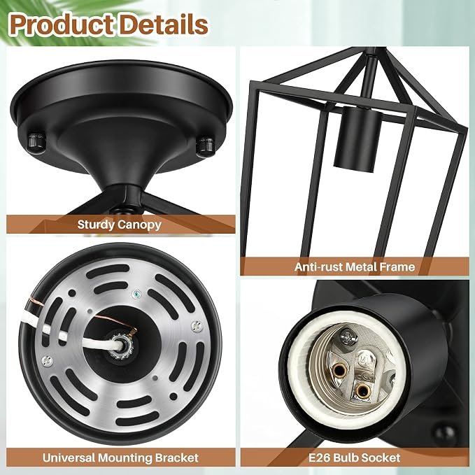 2-Pack Farmhouse Semi Flush Mount Ceiling Light Fixtures, Black | Rustproof Metal Frame, Industrial Open Design, Easy to Clean, E26 Bulb Compatible, Ideal for Hallway, Entryway & Laundry