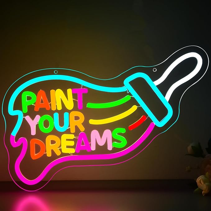 Paint Your Dreams Neon Sign for Wall Decor Art LED Light for Man Cave | Dimmable positive dream neon light, artist studio bedroom decor, birthday gift for teen creators, size 15*11 in