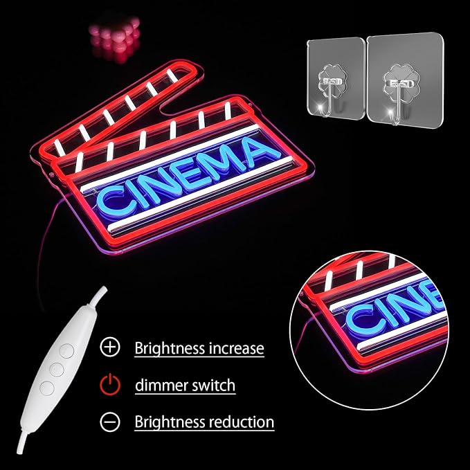 Cinema Neon Sign for Wall Decor Clapperboard Neon Light Film LED Sign Movie Neon Light Sign for Bar Home Movie Theater Film Room Wall Decor