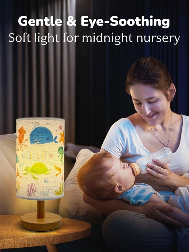 Ocean Lamp,Ocean Kids Table Lamp for Bedroom Bedside Lamps,Gifts for Sea Lovers-3 Color LED Nightstand Night Light with Cartoon Flaxen Fabric Shade Desk Lamp for Girls Boys Room Nursery Decor