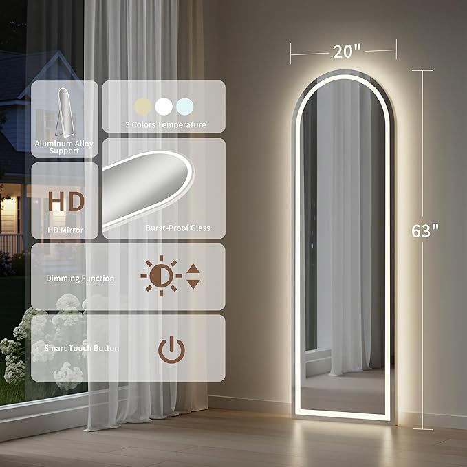63"x20" Arched Full Length Mirror with LED Lights, Body Floor Mirror with Dimming & 3 Color Lighting, Mirror Full Length for Home Wall Decor, Tall Arch Aluminum Frame for Bedroom Cloakroom