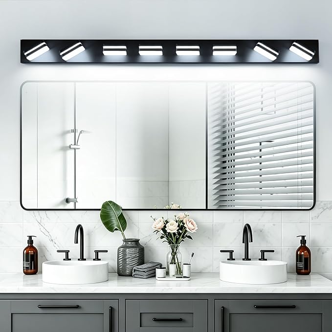 Torondo 360° Rotate LED Bathroom Vanity Light Fixtures, Acrylic Vanity Lights for Bathroom, Modern Wall Lighting Fixtures Over Mirror Living, Matte Black, Natural White, 8-Light, 53-Inch