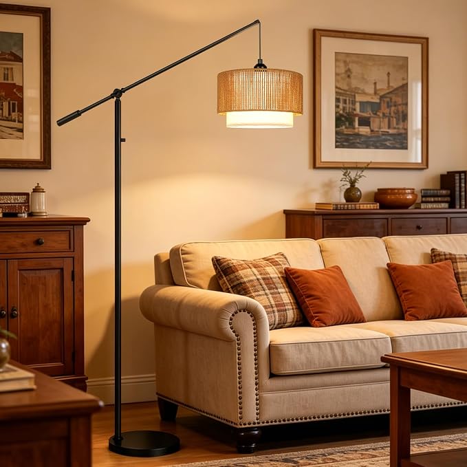 【Upgraded】Boho Dimmable Floor Lamps with Adjustable Swing Arm, 1100 Lumens Bulb Included, Modern Standing Lamp with Rattan & Fabric Shades, Farmhouse Tall Arc Floor Lamp for Living Room Bedroom, Black