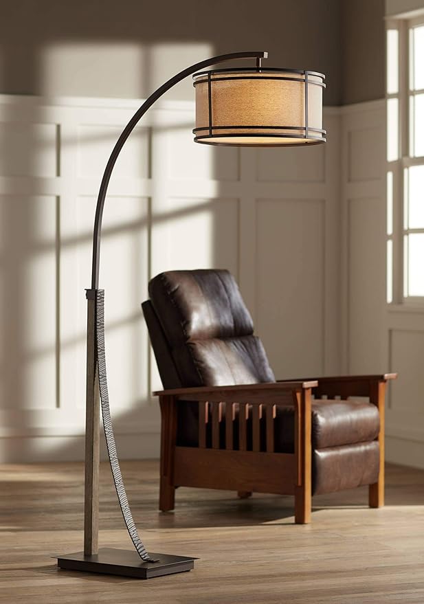 Franklin Iron Works Gentry Industrial Rustic Farmhouse Arc Floor Lamp 71 1/2" Tall Oil Rubbed Bronze 2-Light Oatmeal Fabric Drum Shade for Living Room Reading Bedroom Office House Home Decor