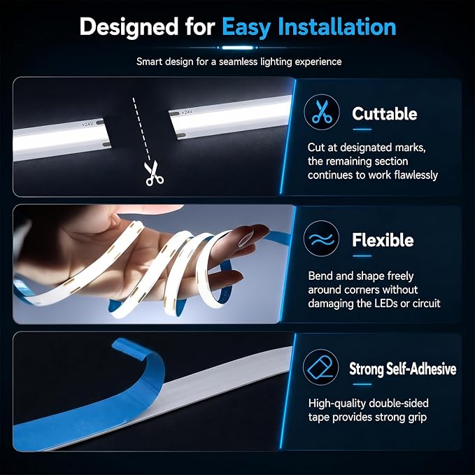 GUPUP 16.4ft COB Turnable Rope Light, White LED Strip Light, 6500K 24V | 1600 LEDs Density Lighting Strip with Dimmable Switch, 3M Adhesive, CRI≥90, for Cabinet, Kitchen, Mirror, Home Decoration