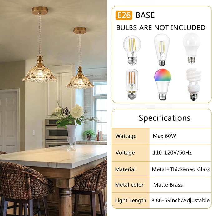 HDDFL Glass Pendant Lights Modern Pendant Lighting Fixtures Hanging Lamp for Kitchen Island Bedroom Dining Room Coffee Shop Hallway Amber and Brass 2 Pack