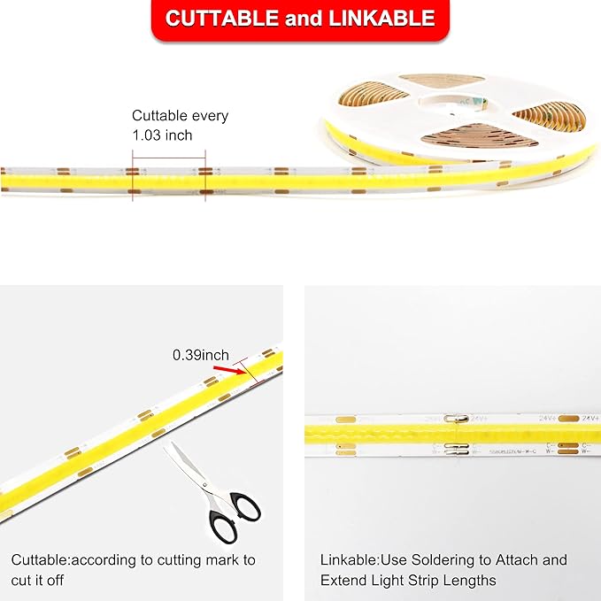 CCT COB LED Strip Lights,24.6ft Dimmable 2700K-6500K 24V Tunable White LED Light Strip Kit, High Density CRI 90+ LED Strips with Remote Controller and Power Supply, for Bedroom Kitchen Home Lighting