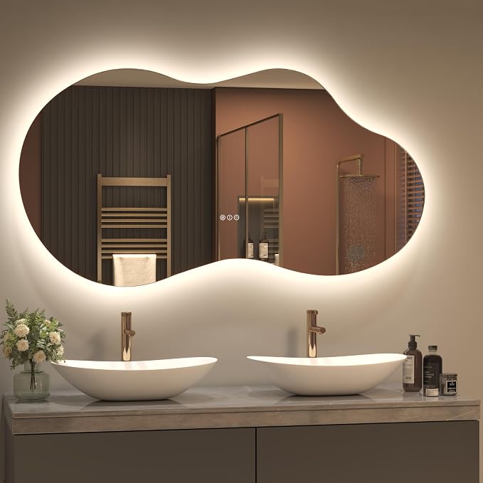SMIROR 60x32 Irregular Backlit Led Lighted Bathroom Vanity Mirror | Asymmetrical, Cloud Shape, Anti-Fog, 3 Colors, Dimmable, Memory, Tempered Glass, UL