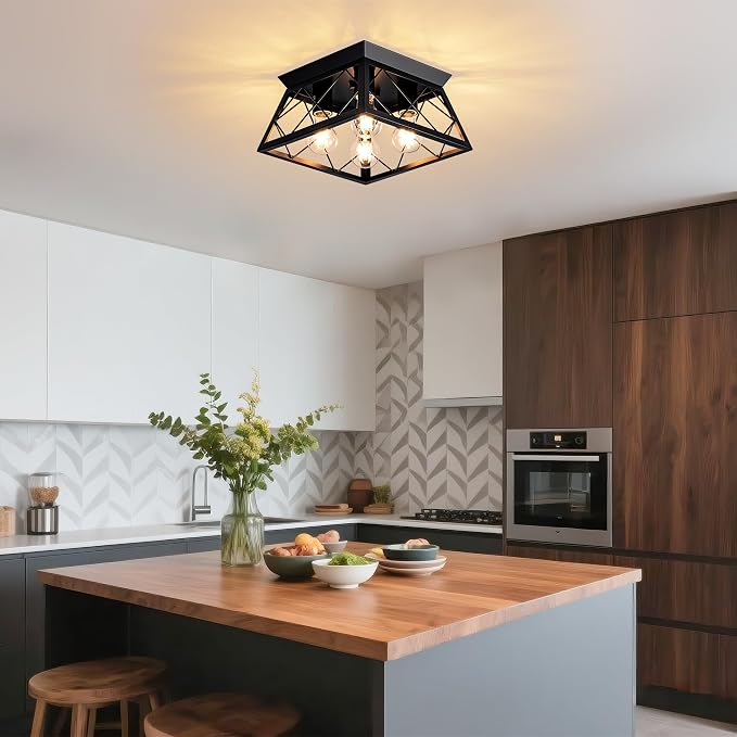 Mayful Black Farmhouse Flush Mount Ceiling Light Fixturet, 4-Light Rustic Hallway Light Fixtures, Square Industrial Close to Ceiling Light Fixtures for Kitchen Entryway Foyer, Bulb Not Included
