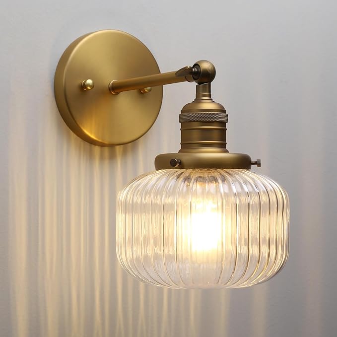 Phansthy Vintage Hardwired Sconces Wall Lighting, Bathroom Vanity Light Fixtures Antique Brass, Modern Wall Light with Clear Striped Glass Shade for Bedroom Fireplace Hallway (Antique Gold, One-Light)