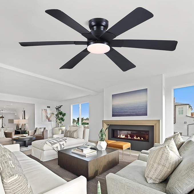 Asyko 52" Black Modern Low Profile Ceiling Fan with LED Light and Remote | Super Large Airflow with 6 Wind Speeds, Reversible, Dimmable 3 CCT LED Light, Noiseless 30W DC Motor,for Bedroom Kitchen