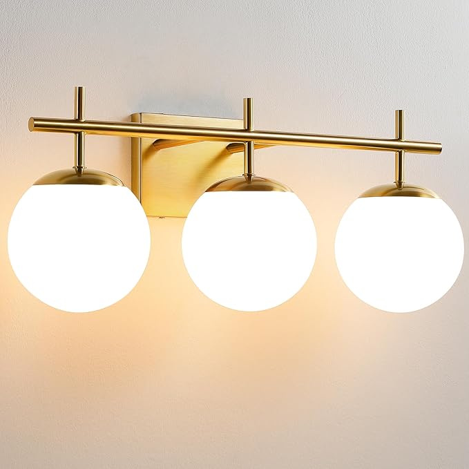 Gold Bathroom Light Fixtures, 3-Light Bathroom Vanity Light Over Mirror, Modern Vanity Lighting Fixtures with Milky White Globe Glass Shade, 22.4 inch Wall Sconce Light (Exclude E26 Bulb)