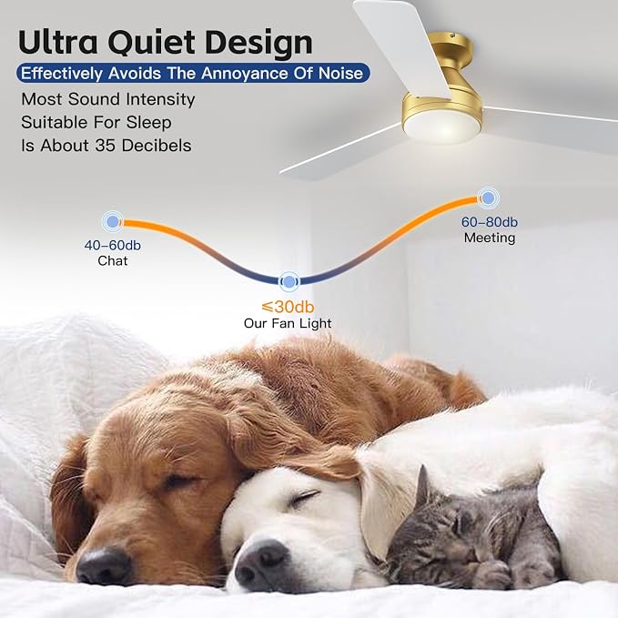 42 Inch Ceiling Fans with Lights And Remote, 3CCT/Flush Moun/6 Speed/Golden | Flush Mount Low Profile Ceiling Fan, 6 Speed Noiseless LED Ceiling Fan, White And Gold Ceiling Fan for Bedroom Living Room