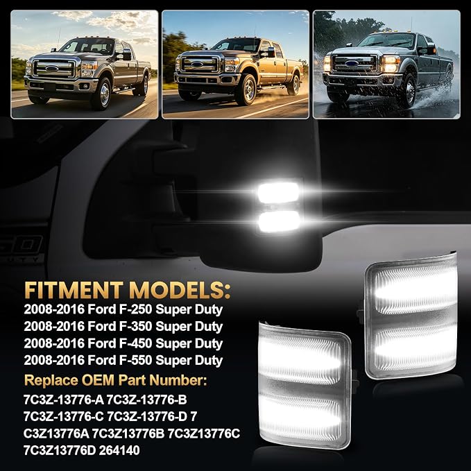 Side Mirror Lights Clear Lens White for 2008-2016 Ford F250 F350 F450 F550 | LED Side Mirror Marker Lights, White Turn Signal Mirror Light, Replace OEM Mirror Marker Lamps, Pack of 2