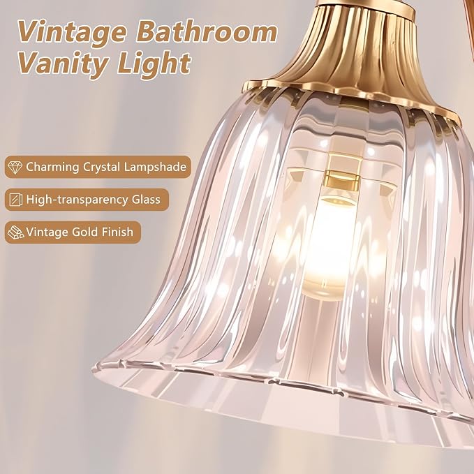 Brushed Gold 3-Light Bathroom Vanity Light, Crystal Glass Shade | Vintage Look, Antique Gold Finish, Solid Metal Frame, Wall Mount Lighting Fixtures Over Mirror, for Bathroom Restroom