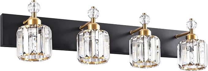 PRESDE 4-Light Crystal Bathroom Vanity Light, Modern Black and Gold Bathroom Lights Fixtures Over Mirror Modern Bath Wall Sconce