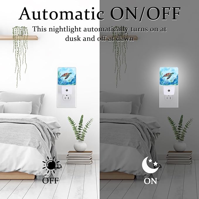 Watercolor Turtle Night Light, Plug-into Wall Nightlight Lamp with Dusk to Dawn Sensor, Led Lamp 0.5W Energy Efficient for Boys Girls Adults Home Decor