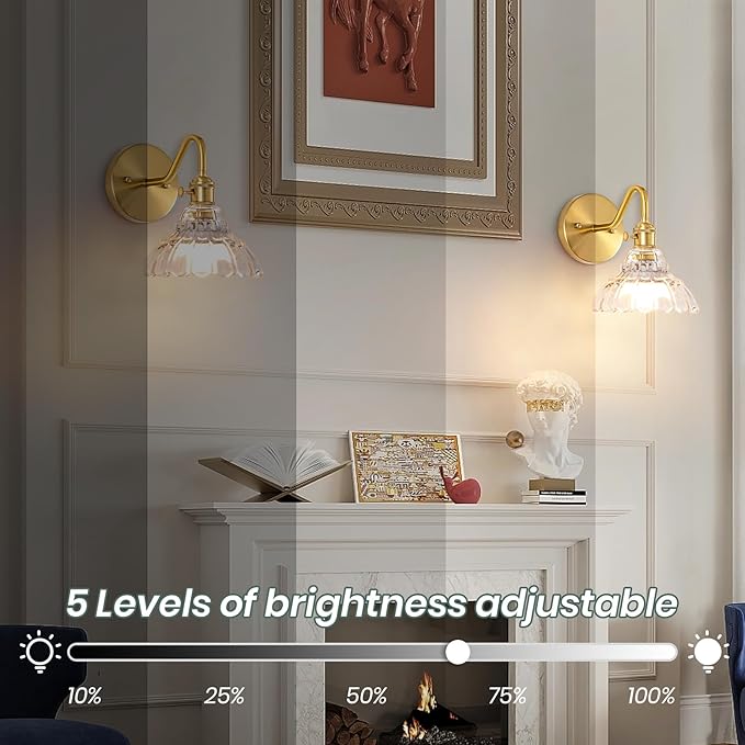 Vintage Battery Operated Wall Sconces Set Of Two, Indoor not Hardwired Brass Transparent Glass Lampshade Fixtures, Rechargeable Wireless RGB Wall Lights with Dimmable Remote, for Bedroom Living Room
