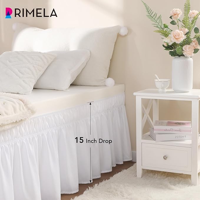 RIMELA White Bed Skirt Twin Size 15 Inch Drop, Elastic Bed Skirting for Adjustable Bed Base & Frame, Bedding Dust Ruffle Easy to Install, Lightweight Wrap Around Bedskirt