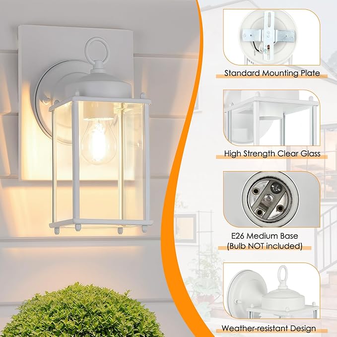 Large Outdoor Wall Lantern, Exterior Waterproof Wall Sconce Light Fixtures, White Front Door Lighting with Clear Beveled Glass, Anti-Rust E26 Socket Porch Lamp, 2 Pack