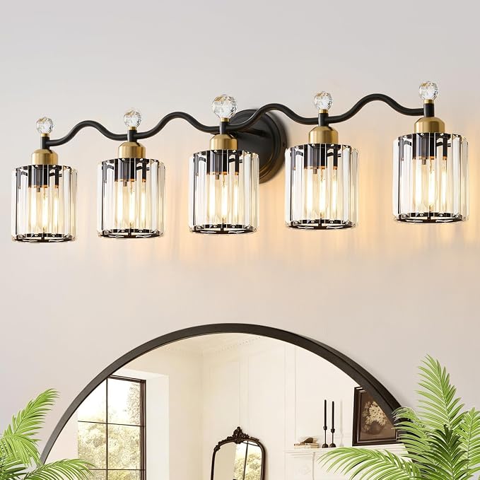 Black&Gold Bathroom Vanity Light Fixtures Over Mirror,5-Light Crystal Bathroom Light Fixtures,Vanity Light Fixtures Over Mirror,Wall Sconce with Clear Crystal Glass Shade, Kitchen, Living Room