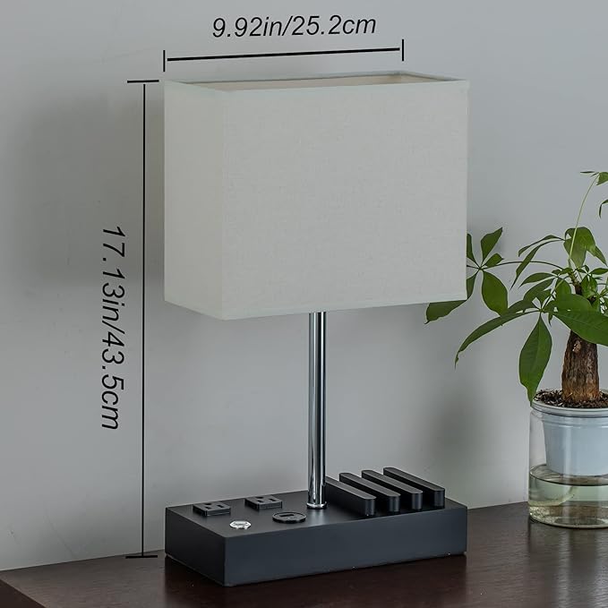 Briever Upgraded 3 USB Table Lamp with 2 USB A & C Charging Ports, Bedside Desk Lamp with 2 AC Outlets and Wooden Phone Stand Organizer, Nightstand Lamp for Bedroom, Living Room, Office, Silver Base