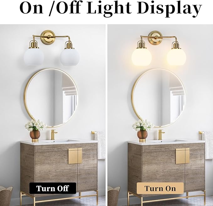 16" Bathroom Vanity Light, 2-Light Brushed Gold Vanity Lighting Fixture Over Mirror,Modern Wall Mount with Milk White Globe Glass Shade .16" L x 6.75" W x 10.5" H .BD045-2-G