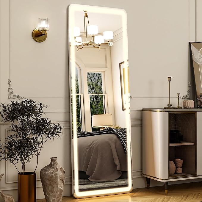 Easly Full Length Mirror - 16" x 60" Mirror Full Length with LED Lights Adjustable Screen Brightness, Wall Mounted or Freestanding, Full Body Mirrors for Bedroom, Living Room, Cloakroom,Salon