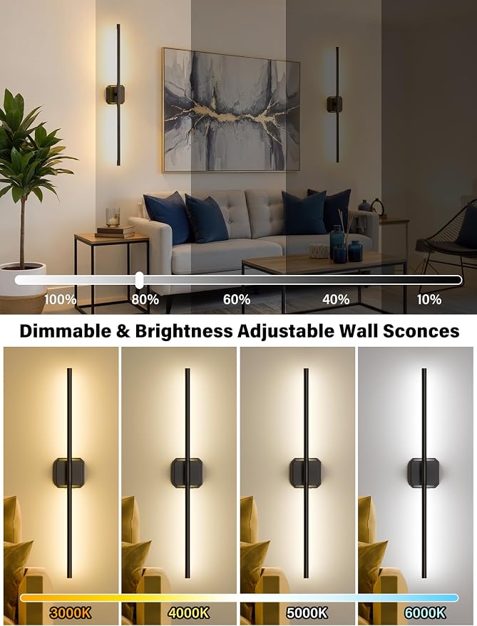 Battery Operated Wall Sconces Set of Two, Wireless Wall Lights Touch & Remote Control Rechargeable LED Wall Lamp 2700K-6000K Dimmable Lights for Living Room Bedroom Bathroom Hallway( 29 ", Black)